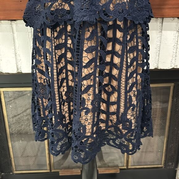 Bloomindale’s Aqua Women Dress Navy Blue Crochet Short Sleeve Large Crew Neck - Picture 11 of 11